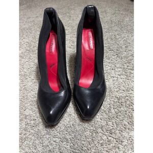 Cesare Paciotti Black Leather Red Bottom Heel Pumps Mesh Trim Chain DetailSize38